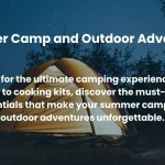 Illuminated tent at night near a lake, representing summer camp and outdoor adventures with essential camping gear.