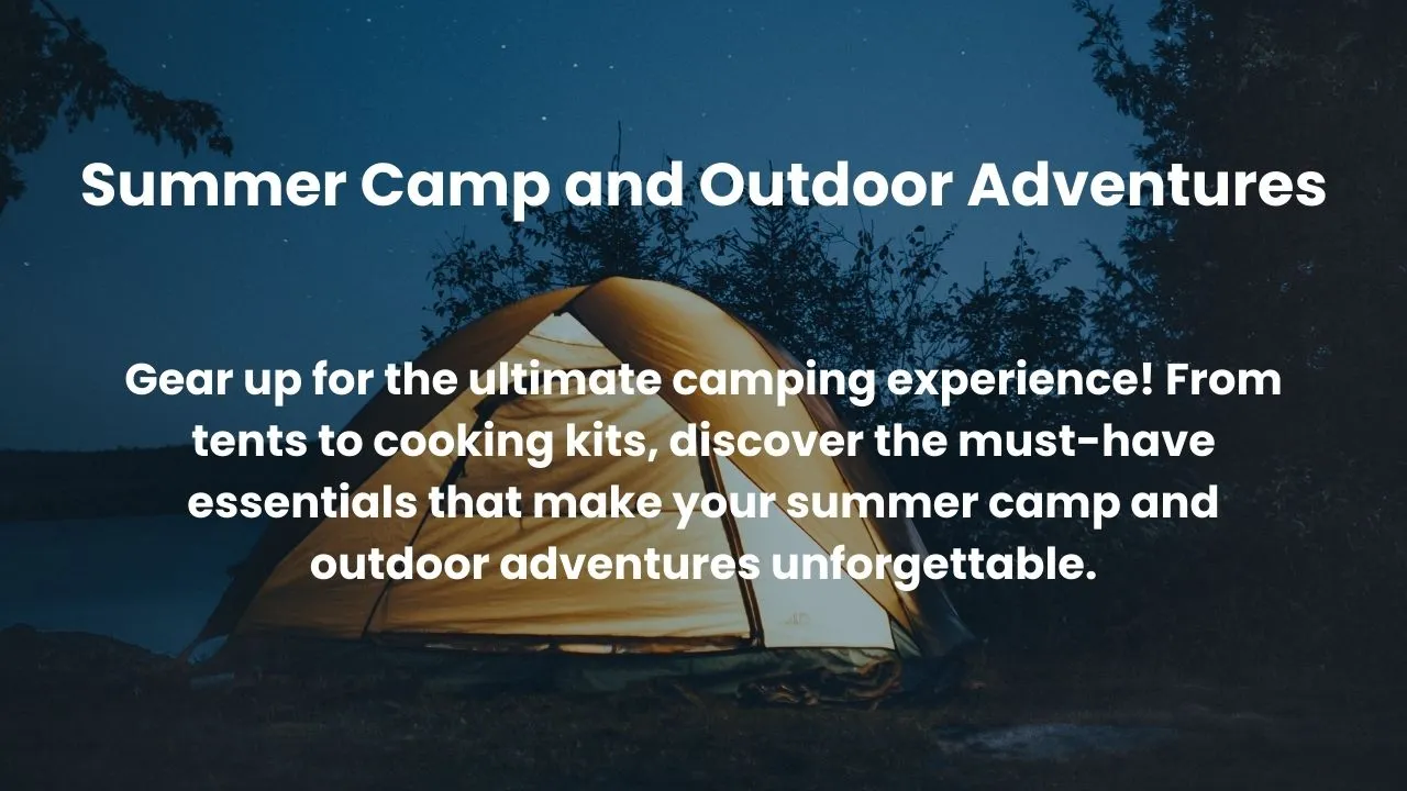 Illuminated tent at night near a lake, representing summer camp and outdoor adventures with essential camping gear.