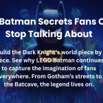 A promotional image for a LEGO Batman-themed article, featuring a LEGO Batman minifigure standing in front of a miniature, illuminated cityscape.