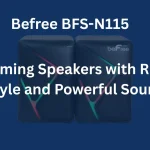 A close-up of two black Befree BFS-N115 gaming speakers with illuminated RGB lights. The speakers have a sleek, angular design with the "beFree" logo on the side. The image is set against a dark blue background.