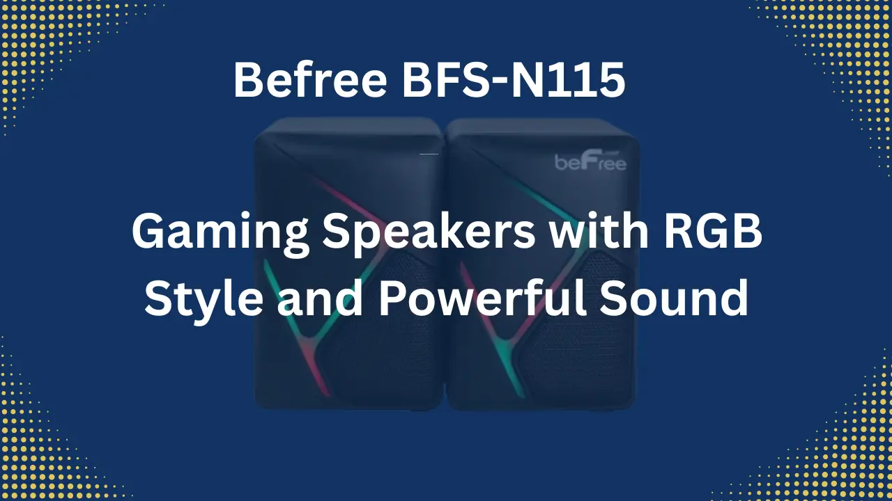 A close-up of two black Befree BFS-N115 gaming speakers with illuminated RGB lights. The speakers have a sleek, angular design with the "beFree" logo on the side. The image is set against a dark blue background.