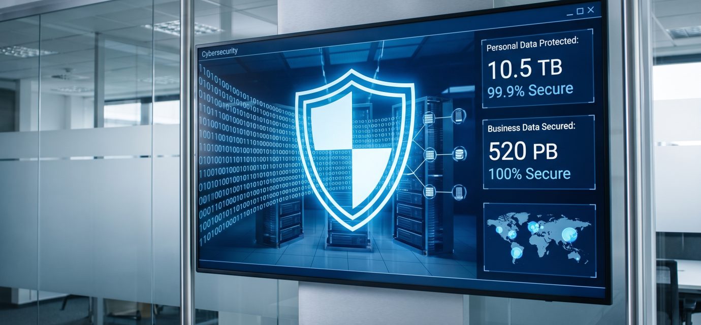 Artificial intelligence chatbot and data security illustration showing privacy protection and sensitive information
