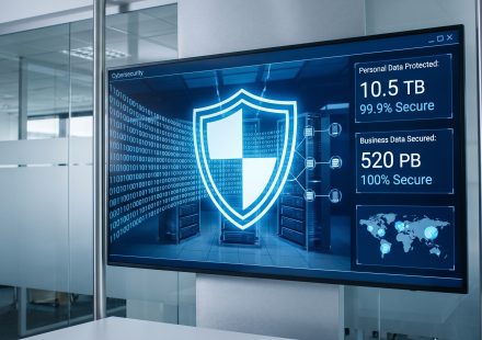Artificial intelligence chatbot and data security illustration showing privacy protection and sensitive information