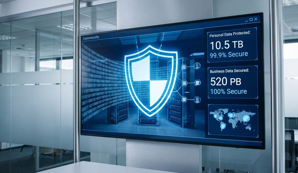 Artificial intelligence chatbot and data security illustration showing privacy protection and sensitive information