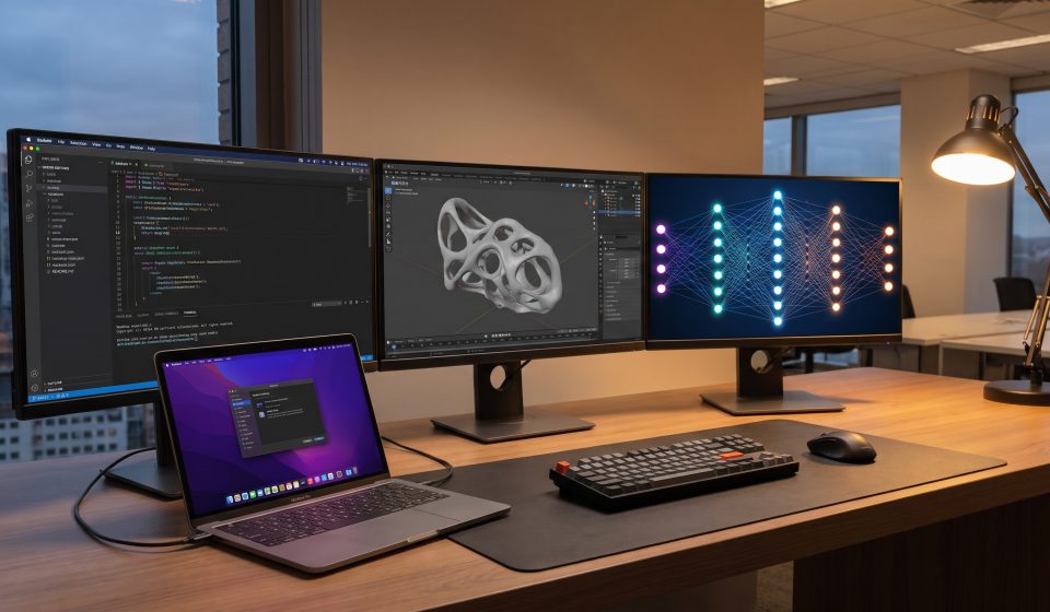 MacBook Pro used for software development, graphic design, video editing and local AI workflows