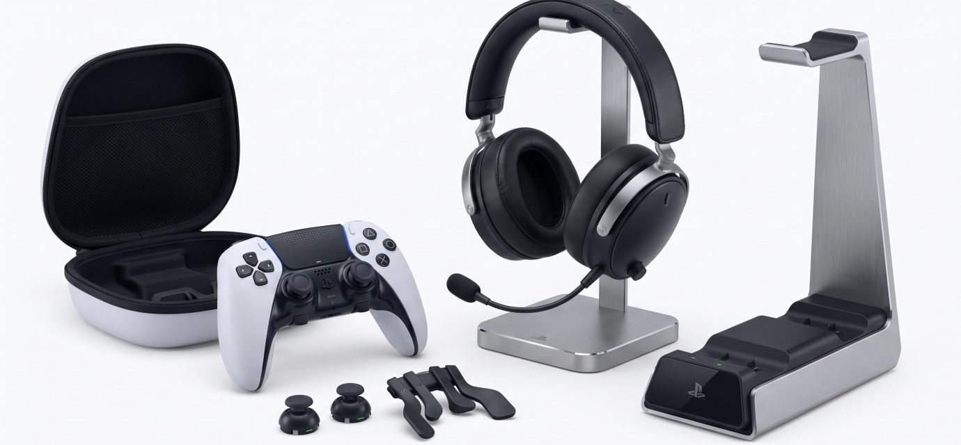 PlayStation 5 controller, headset, storage drive and gaming accessories arranged together