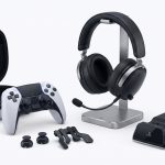 PlayStation 5 controller, headset, storage drive and gaming accessories arranged together