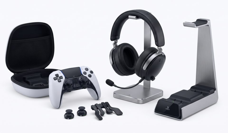 PlayStation 5 controller, headset, storage drive and gaming accessories arranged together