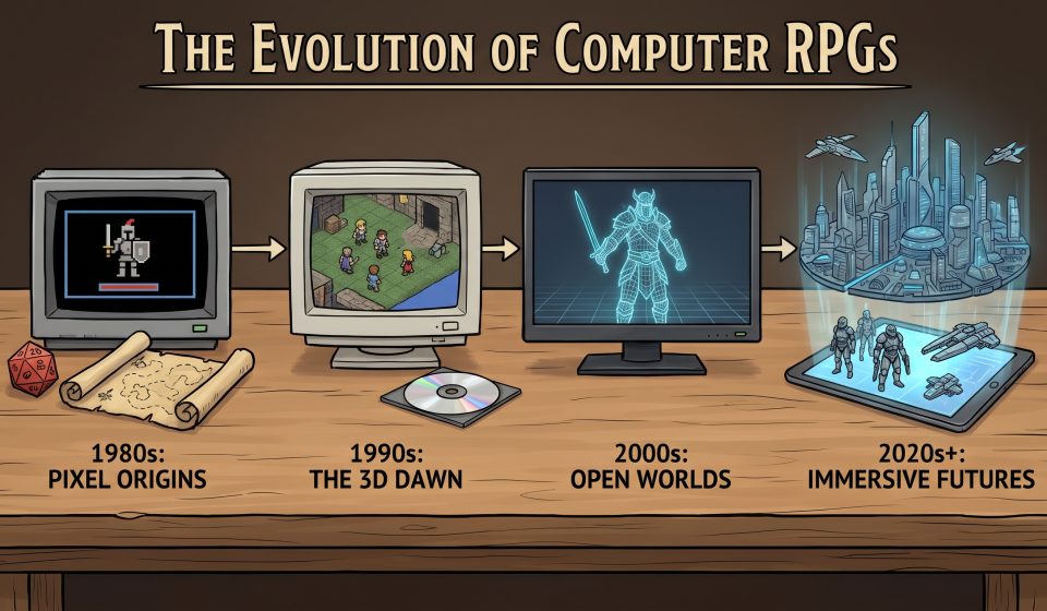 Fantasy and science-fiction RPG imagery representing BioWare's history and influence