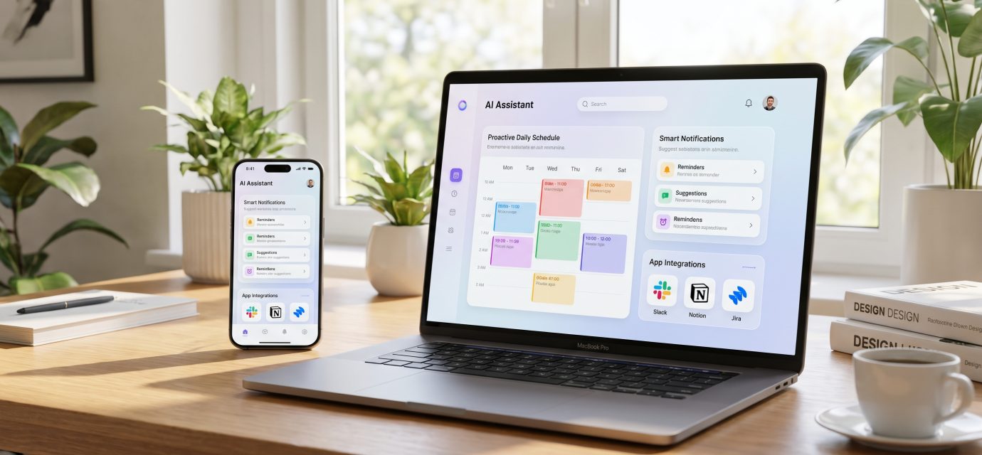 Concept illustration of Claude Duet AI assistant organizing tasks and connected applications