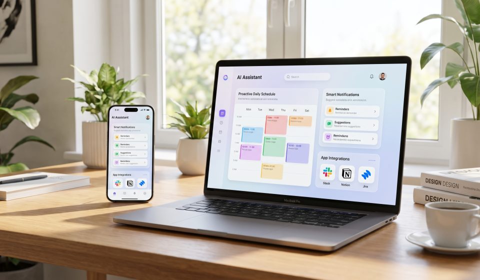 Concept illustration of Claude Duet AI assistant organizing tasks and connected applications