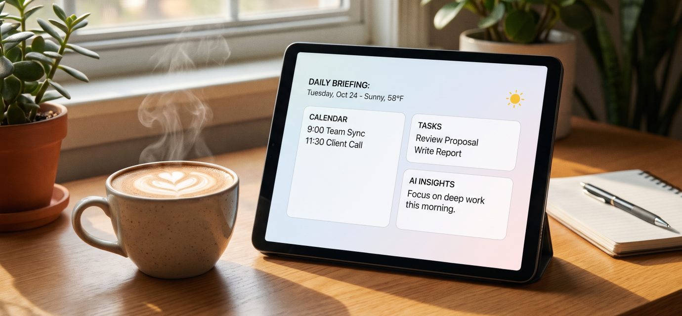 AI assistant dashboard concept showing daily briefings, project updates and connected workflows