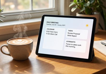 AI assistant dashboard concept showing daily briefings, project updates and connected workflows