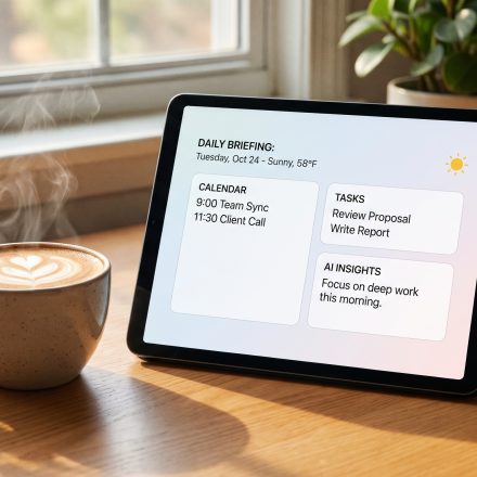 AI assistant dashboard concept showing daily briefings, project updates and connected workflows