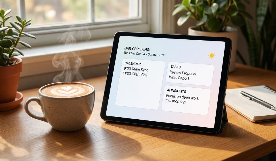 AI assistant dashboard concept showing daily briefings, project updates and connected workflows