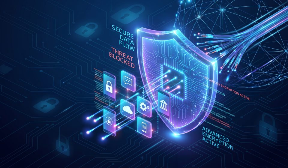 Digital security illustration showing AI assistant permissions, privacy protection and connected applications