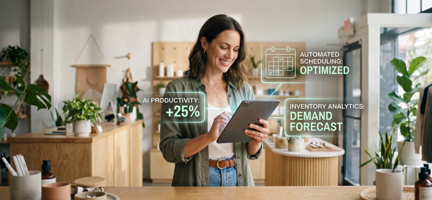 Small-business workspace with AI assistant concept organizing tasks, documents and project updates