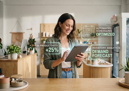 Small-business workspace with AI assistant concept organizing tasks, documents and project updates