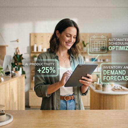Small-business workspace with AI assistant concept organizing tasks, documents and project updates