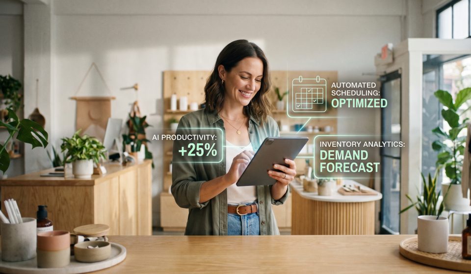 Small-business workspace with AI assistant concept organizing tasks, documents and project updates