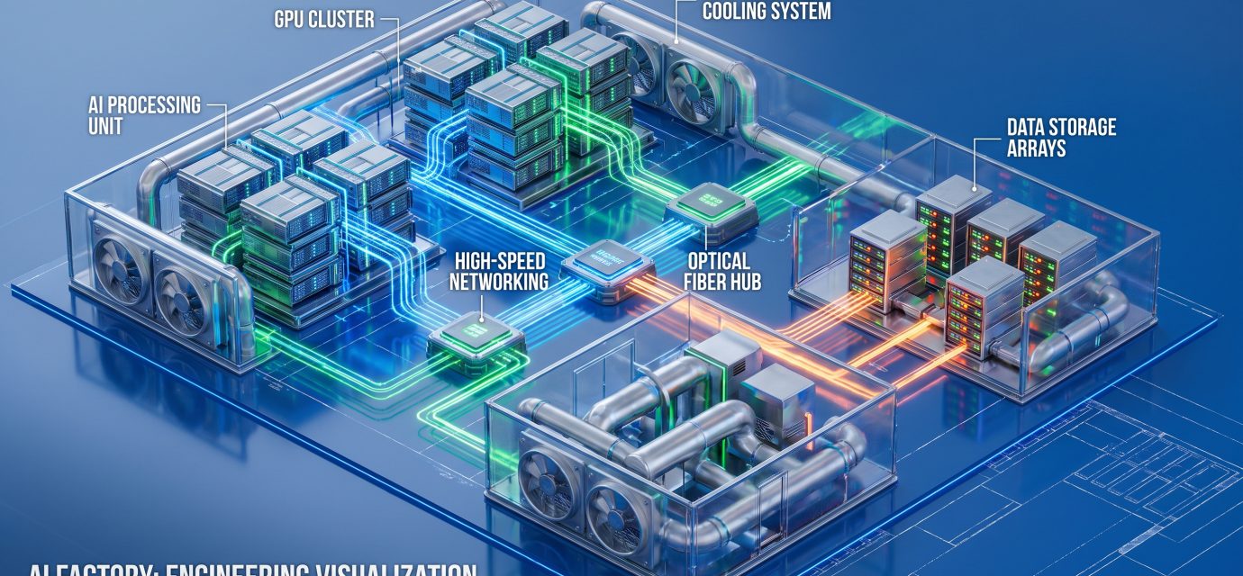 AI data center architecture showing GPU servers, networking, storage, electrical power and cooling