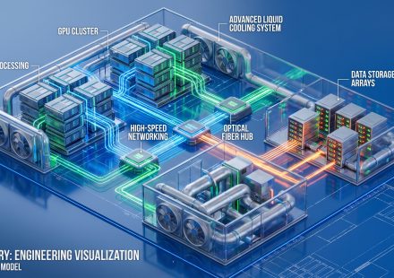 AI data center architecture showing GPU servers, networking, storage, electrical power and cooling