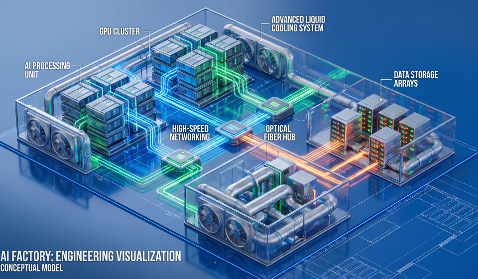 AI data center architecture showing GPU servers, networking, storage, electrical power and cooling