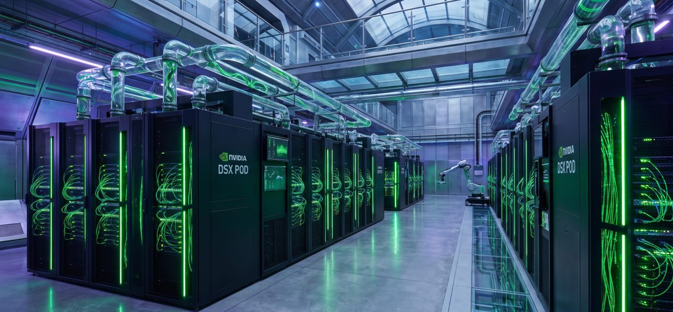 Modular AI data center with high-performance server racks, networking and cooling infrastructure