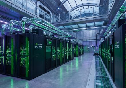 Modular AI data center with high-performance server racks, networking and cooling infrastructure