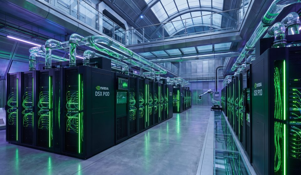 Modular AI data center with high-performance server racks, networking and cooling infrastructure