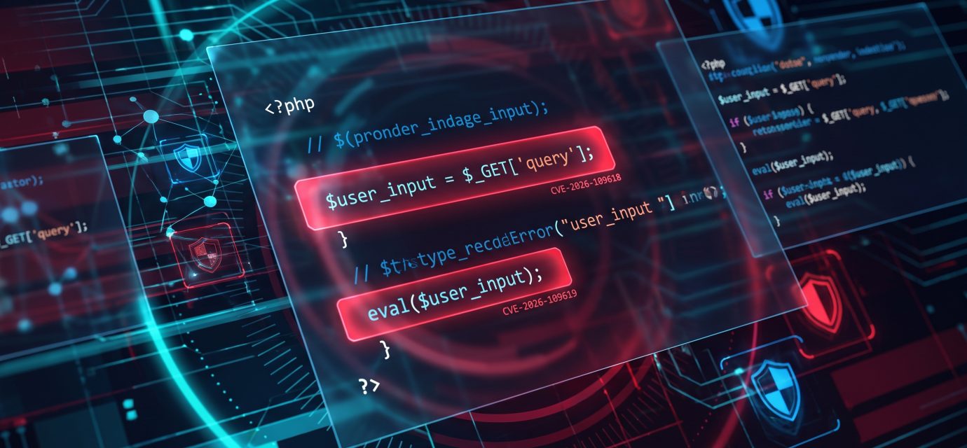 PHP code displayed on a computer screen with a cybersecurity warning symbol