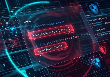 PHP code displayed on a computer screen with a cybersecurity warning symbol
