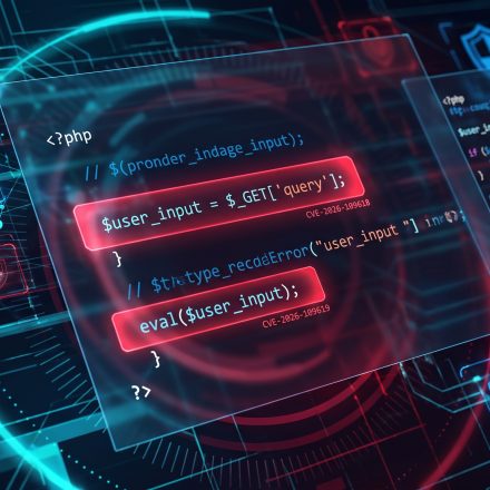 PHP code displayed on a computer screen with a cybersecurity warning symbol