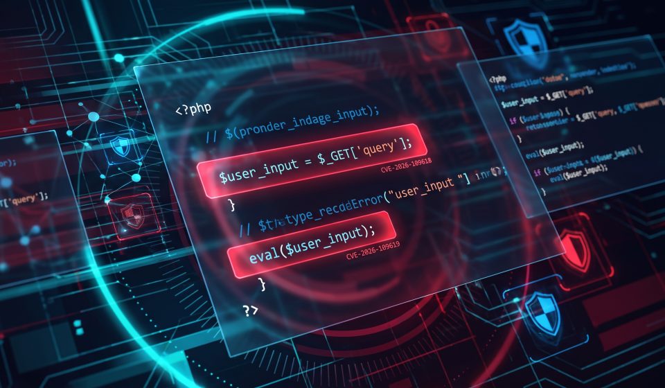 PHP code displayed on a computer screen with a cybersecurity warning symbol