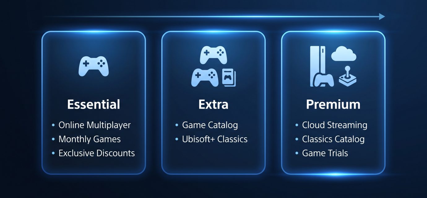 PlayStation Plus subscription tiers compared on a gaming display
