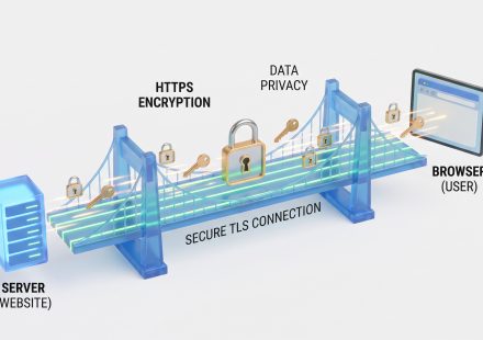 Diagram-style illustration of browser, server, encrypted connection and certificate authority