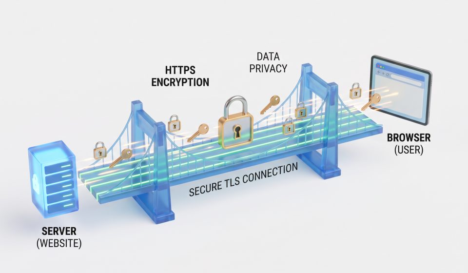 Diagram-style illustration of browser, server, encrypted connection and certificate authority