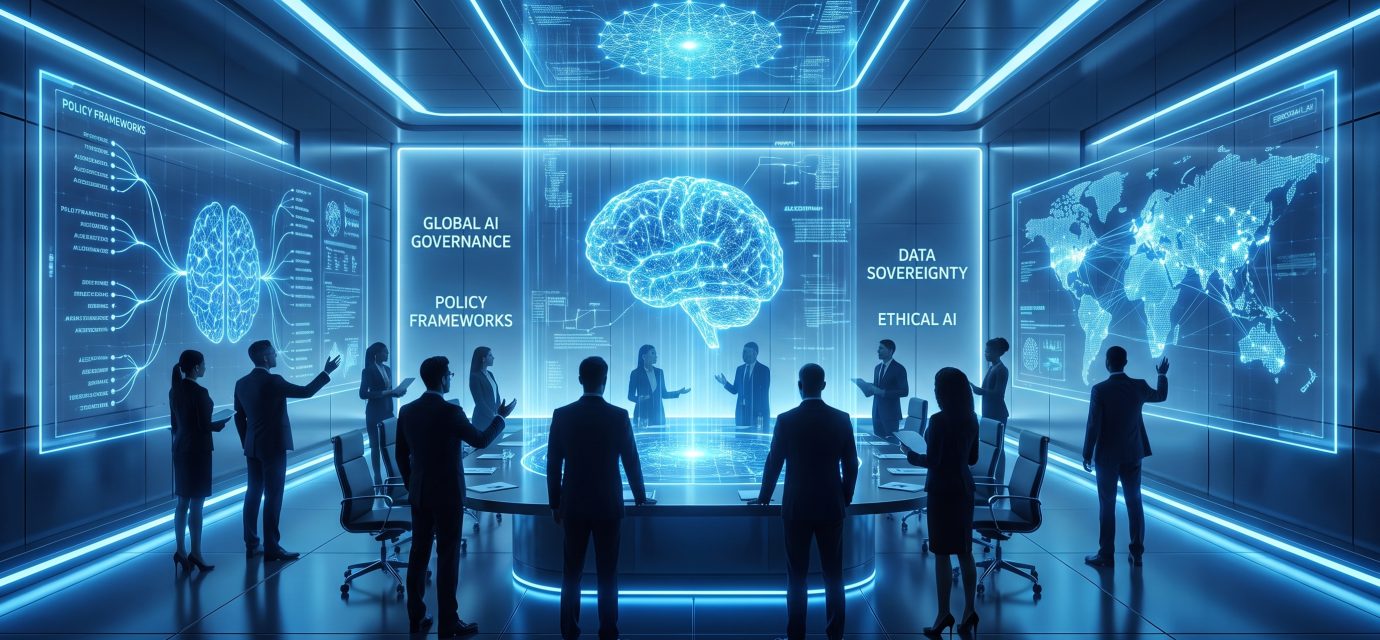 Illustration of artificial intelligence infrastructure, corporate decision-making and human oversight