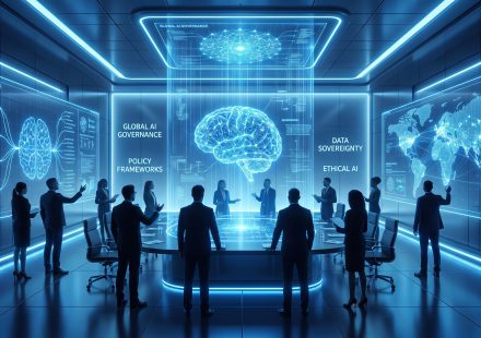 Illustration of artificial intelligence infrastructure, corporate decision-making and human oversight
