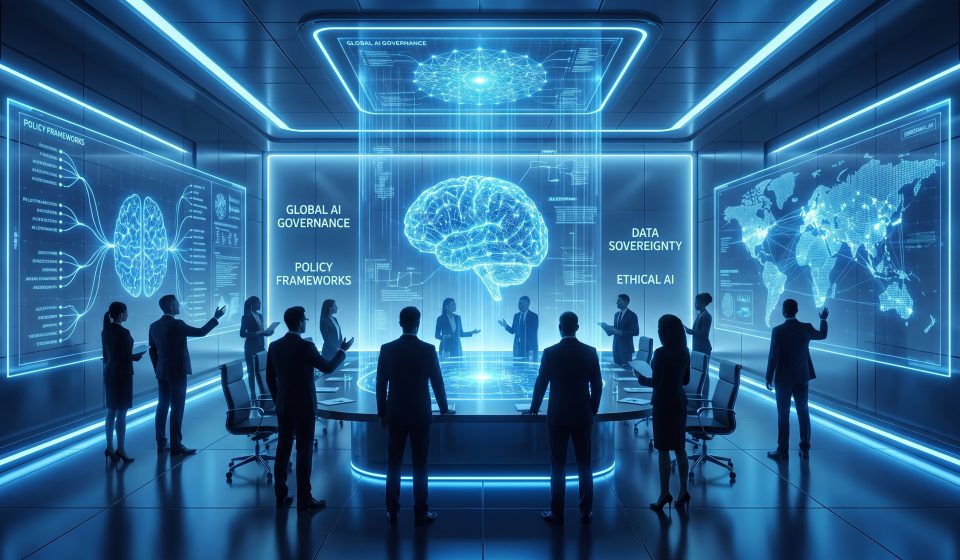 Illustration of artificial intelligence infrastructure, corporate decision-making and human oversight