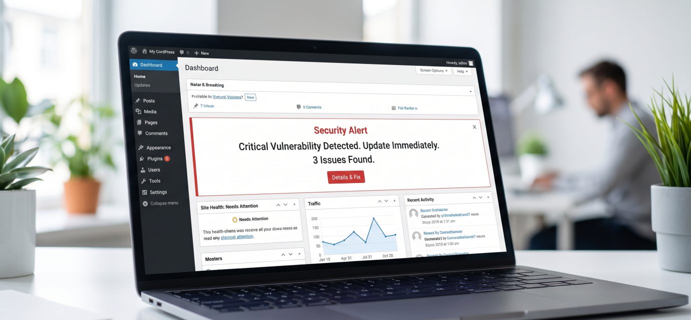 WordPress dashboard with PHP security warning and server maintenance illustration