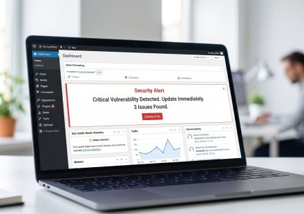 WordPress dashboard with PHP security warning and server maintenance illustration