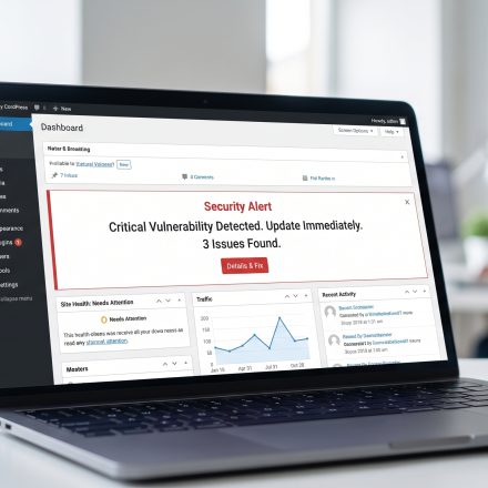 WordPress dashboard with PHP security warning and server maintenance illustration