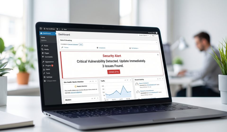 WordPress dashboard with PHP security warning and server maintenance illustration